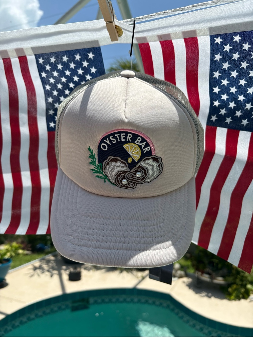Oyster Bar Embroidered Trucker Hat - Cream with Navy Patch